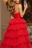 Red Tulle A Line Halter Long Tiered Prom Dress with Slit