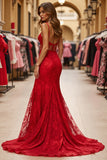 Red Mermaid V-Neck Long Lace Prom Dress with Slit