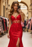 Red Mermaid V-Neck Long Lace Prom Dress with Slit