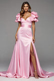 Pink Satin Ruffled Long Mermaid Prom Dress with Slit