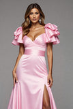 Pink Satin Ruffled Long Mermaid Prom Dress with Slit