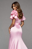 Pink Satin Ruffled Long Mermaid Prom Dress with Slit