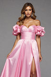 Pink A Line Satin Ruffled Off the Shoulder Long Prom Dress with Slit