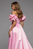 Pink A Line Satin Ruffled Off the Shoulder Long Prom Dress with Slit