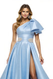 Sparkly Blue Satin A Line Ruffled Long Beaded Prom Dress with Slit