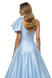 Sparkly Blue Satin A Line Ruffled Long Beaded Prom Dress with Slit