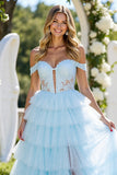 Blue Tulle A Line Off the Shoulder Long Tiered Prom Dress with Slit