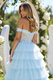 Blue Tulle A Line Off the Shoulder Long Tiered Prom Dress with Slit