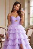 Purple Tulle A Line Spaghetti Straps Long Tiered Prom Dress with Slit