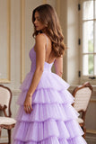 Purple Tulle A Line Spaghetti Straps Long Tiered Prom Dress with Slit