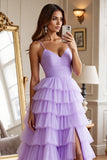 Purple Tulle Tiered A Line Long Prom Dress with Slit