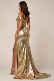 Sparkly Golden Metallic A Line Off the Shoulder Long Prom Dress with Slit