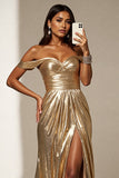 Sparkly Golden Metallic A Line Off the Shoulder Long Prom Dress with Slit