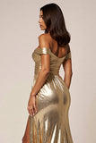 Sparkly Golden Metallic A Line Off the Shoulder Long Prom Dress with Slit