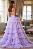 Purple Tulle Tiered A Line Keyhole Long Prom Dress with Slit