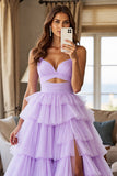 Purple Tulle Tiered A Line Keyhole Long Prom Dress with Slit