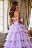 Purple Tulle Tiered A Line Keyhole Long Prom Dress with Slit