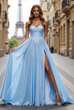 Blue Satin A Line Sweetheart Long Bow Prom Dress with Slit