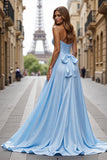 Blue Satin A Line Sweetheart Long Bow Prom Dress with Slit