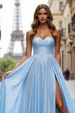 Blue Satin A Line Sweetheart Long Bow Prom Dress with Slit