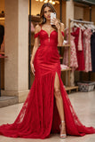 Red Lace Corset Mermaid Cold Shoulder Long Prom Dress with Slit