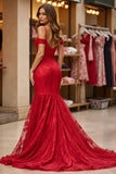 Red Lace Corset Mermaid Cold Shoulder Long Prom Dress with Slit