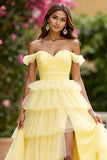 Yellow Tulle Ball Gown Off the Shoulder Tiered Long Prom Dress with Slit
