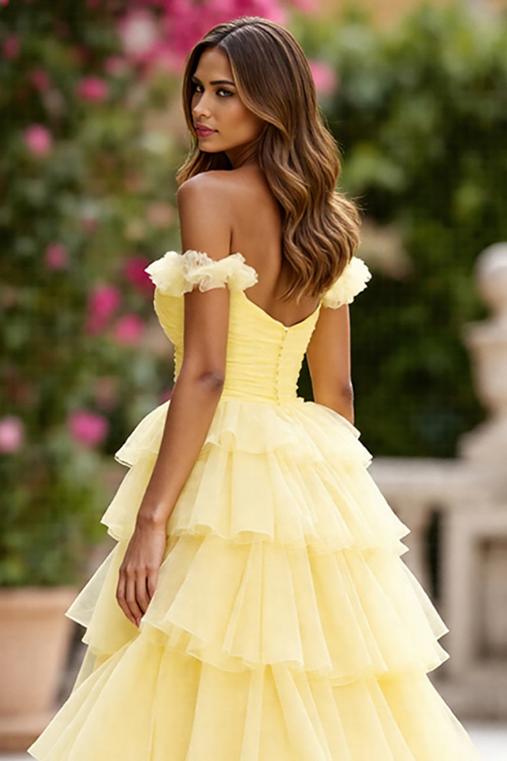 Yellow Tulle Ball Gown Off the Shoulder Tiered Long Prom Dress with Slit