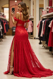 Red Lace Cold Shoulder Long Prom Dress with Slit