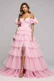 Pink Floral Tulle A Line Long Tiered Prom Dress with Slit