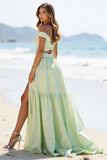 Green Off the Shoulder Long A Line Prom Dress with Slit