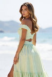 Green Off the Shoulder Long A Line Prom Dress with Slit