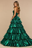 Dark Green A Line Satin Tiered Long Strapless Prom Dress with Slit