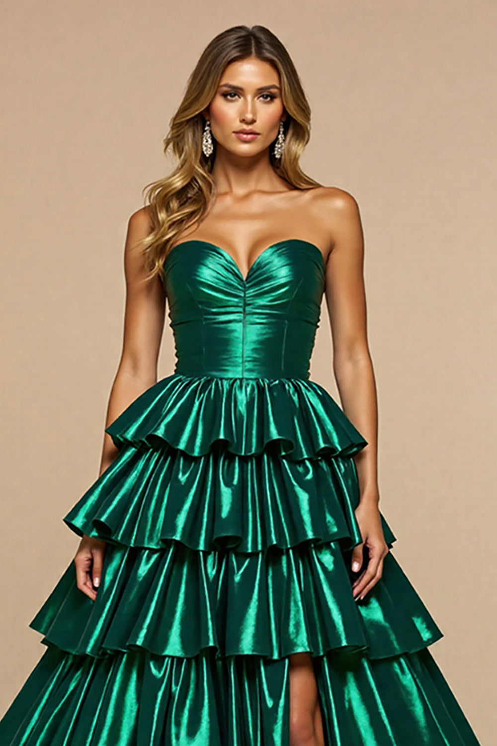 Dark Green A Line Satin Tiered Long Strapless Prom Dress with Slit