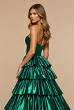 Dark Green A Line Satin Tiered Long Strapless Prom Dress with Slit
