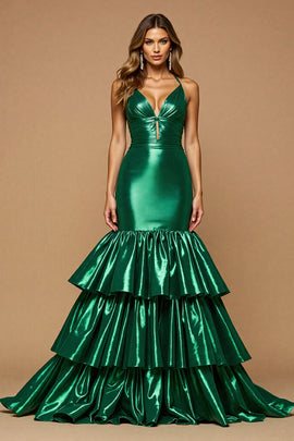 Dark Green Satin Mermaid Long V-Neck Prom Dress with Ruffles