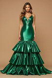 Dark Green Satin Mermaid Long V-Neck Prom Dress with Ruffles