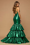 Dark Green Satin Mermaid Long V-Neck Prom Dress with Ruffles