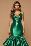 Dark Green Satin Mermaid Long V-Neck Prom Dress with Ruffles