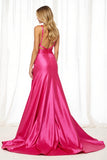Fuchsia Satin A Line V-Neck Long Prom Dress with Slit