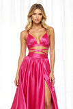 Fuchsia Satin A Line V-Neck Long Prom Dress with Slit