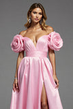Pink Satin A Line Off the Shoulder Long Floral Prom Dress with Slit