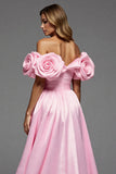 Pink Satin A Line Off the Shoulder Long Floral Prom Dress with Slit