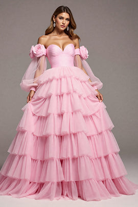 Floral Pink Tulle Ball Gown Long Prom Dress with Ruffles