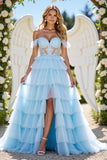 Blue A Line Tulle Tiered Off the Shoulder Long Prom Dress with Appliques