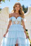 Blue A Line Tulle Tiered Off the Shoulder Long Prom Dress with Appliques
