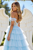 Blue A Line Tulle Tiered Off the Shoulder Long Prom Dress with Appliques