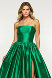 Dark Green Satin A Line Strapless Long Prom Dress with Slit