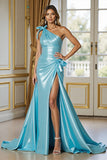 Blue Satin Mermaid One Shoulder Ruched Long Prom Dress with Slit