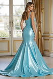 Blue Satin Mermaid One Shoulder Ruched Long Prom Dress with Slit